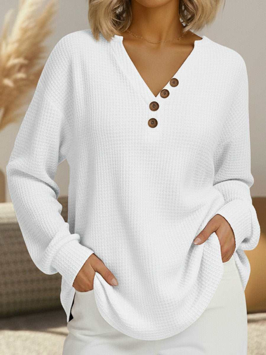 Waffle Knit V-Neck Long Sleeve Top