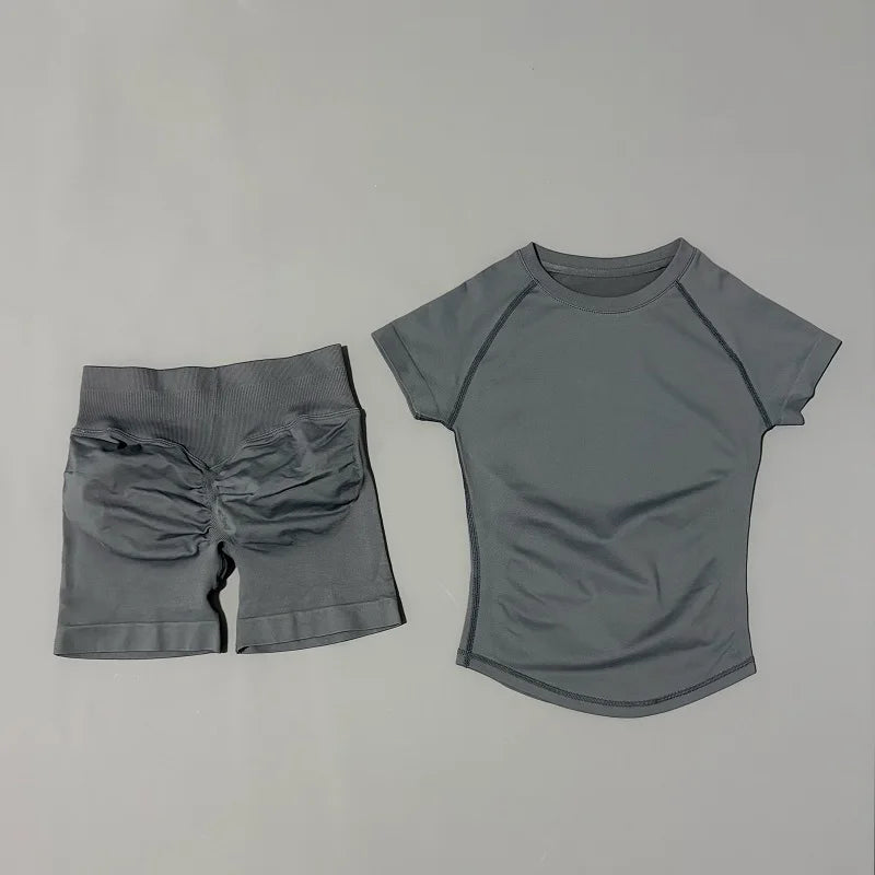 2 Pieces Impact Gym Sets Women Seamless knitted Yoga Short Sleeve Top Fitness Set Workout Running Sports Short Leggings Suit