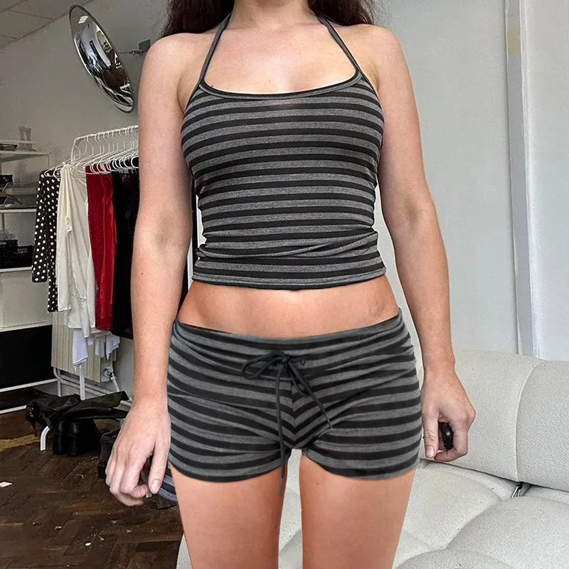 Lazy Contrasting Striped Halter Top Exposed Navel High Waisted Drawstring Shorts