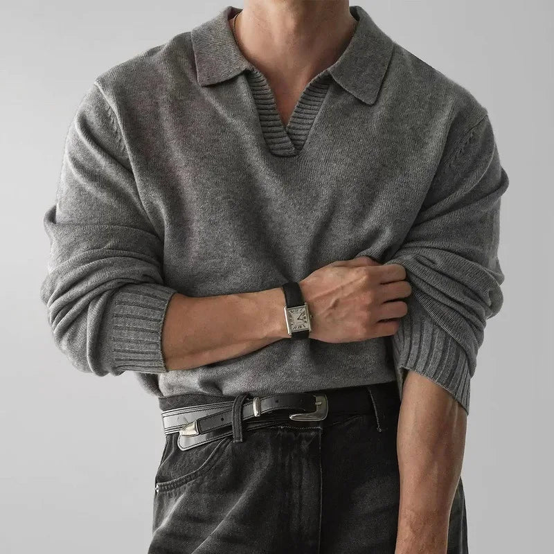 2025 New Oatmeal Color Turn Down Collar Pullover Polo Shirt Men Long Sleeve Regular Shoulder Casual Versatile Sweater Top