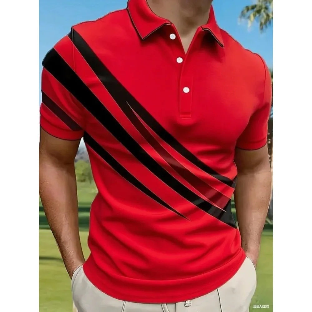 Summer Variegated Pattern Design Men's Short Sleeved White Button-up Polo Shirt Comfortable and Casual Daily Wear 100% Polyester