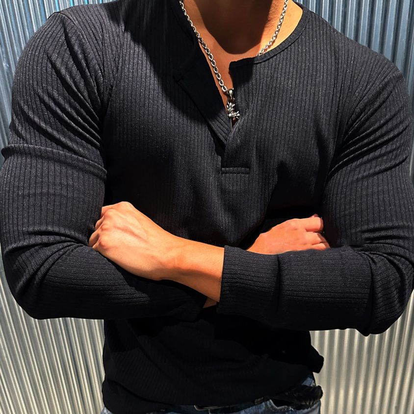 Solid Color Ribbed Polo Shirt Long Sleeve