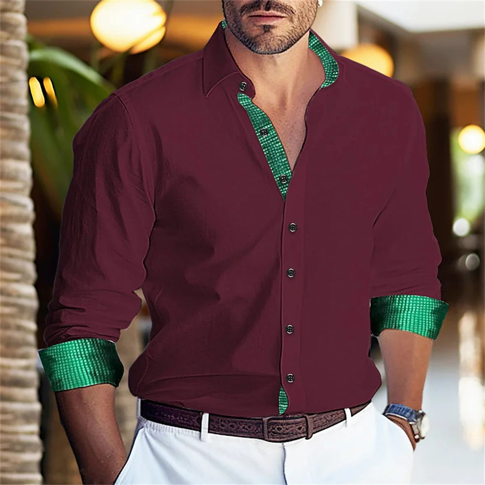 New Business Fashion Casual Men's Button Shirt Long sleeved Solid Color Printed Lapel Daily Vacation Comfortable Clothing 2024