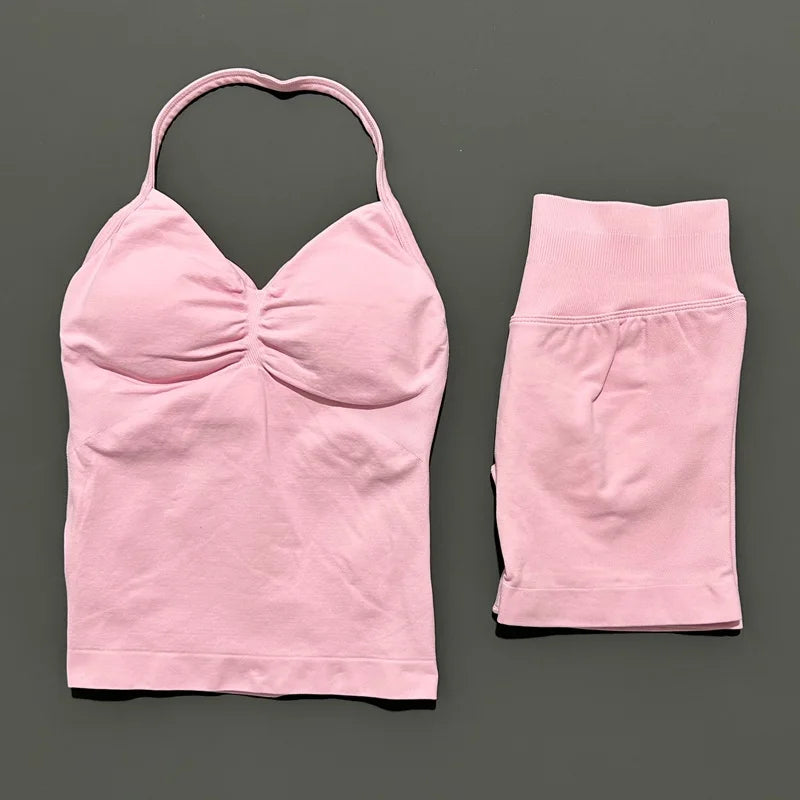 2 Piece Impact Sports Set Women Backless Halter Tops Fitness Tank Top High Waist Seamless High Stretch Shorts Gym Workout Sets