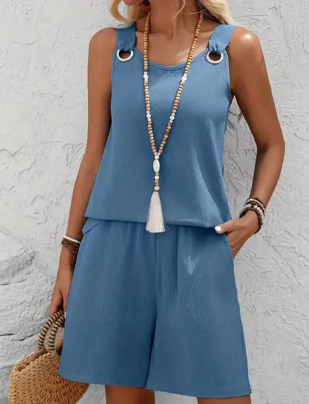 Women Casual Fashion Set with Suspender Sleeveless Solid Color Top and Pants Set Comfortable Clothing Summer Shorts Sets Women