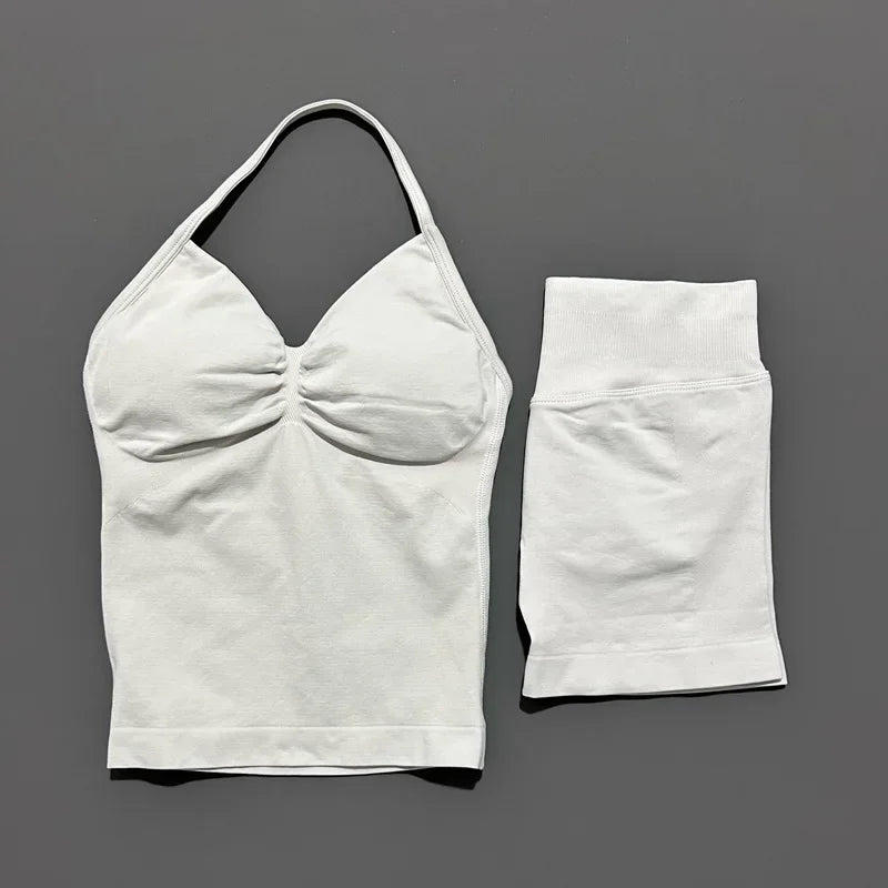 2 Piece Impact Sports Set Women Backless Halter Tops Fitness Tank Top High Waist Seamless High Stretch Shorts Gym Workout Sets
