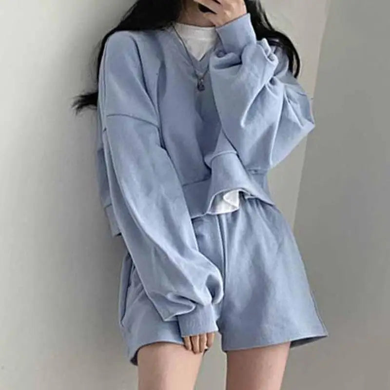 Korean Set Lazy V Neck Pullover Sweatshirt Set