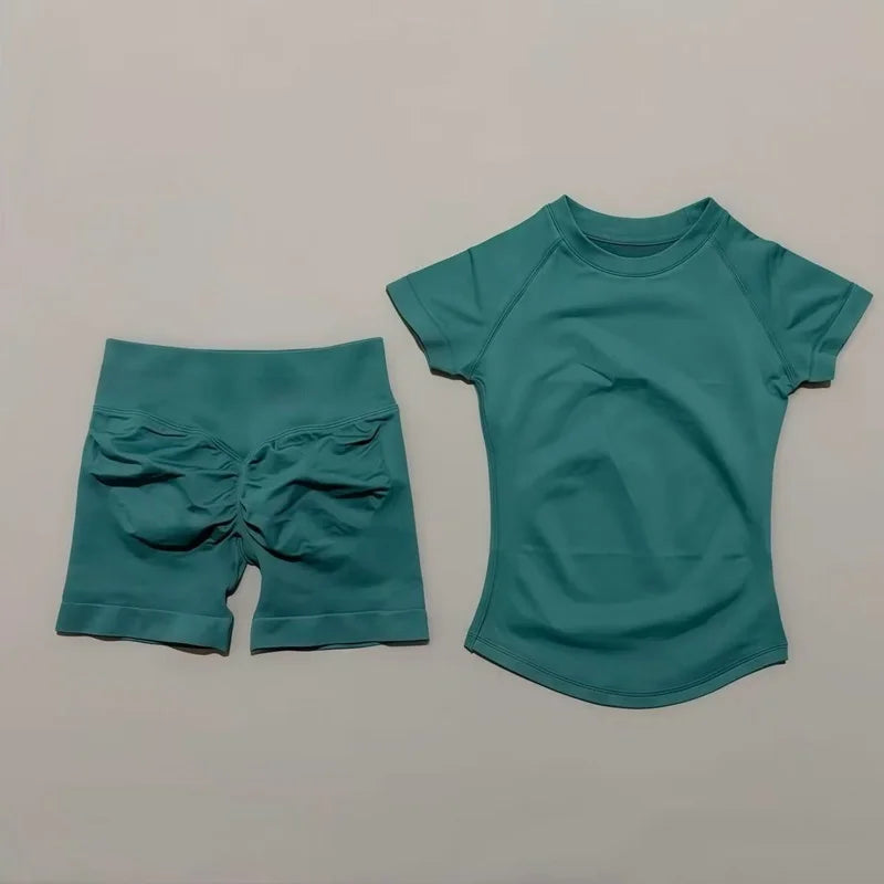 2 Pieces Impact Gym Sets Women Seamless knitted Yoga Short Sleeve Top Fitness Set Workout Running Sports Short Leggings Suit