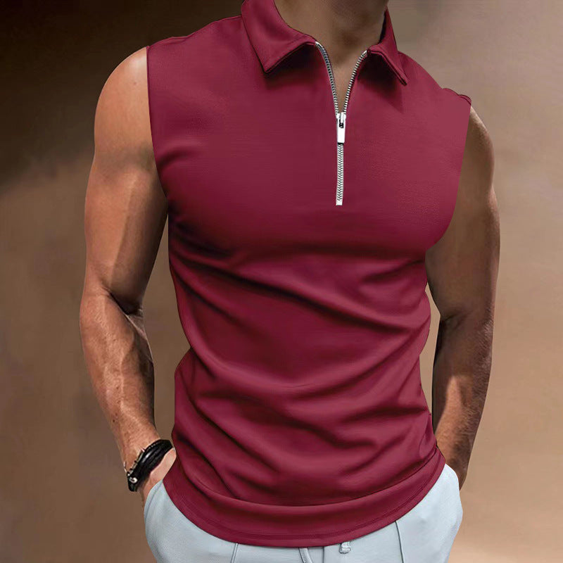 Men's Solid Color Sleeveless Polo Shirt - Casual Tops