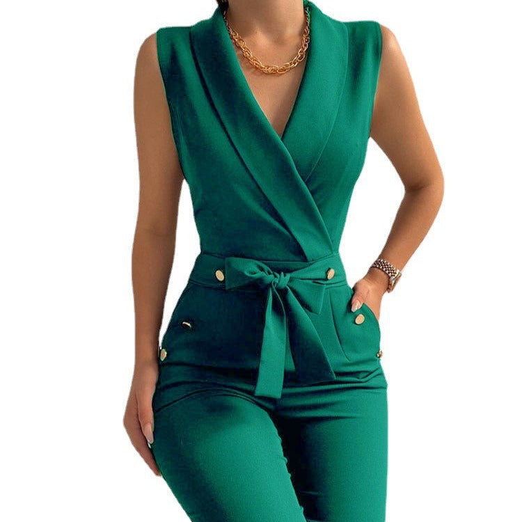 V-neck sleeveless one-piece work pants