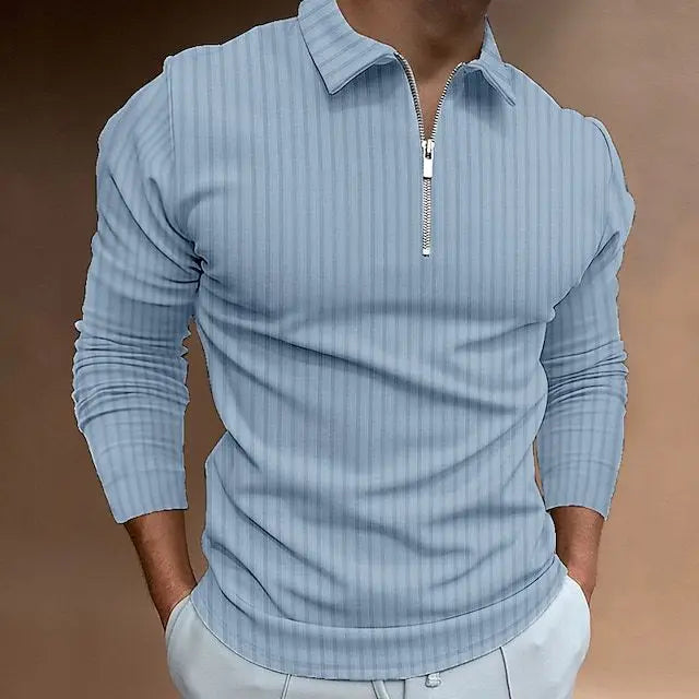 Cross-border spring and autumn men's POLO shirt fashion trend zipper striped long-sleeved men's polo shirt