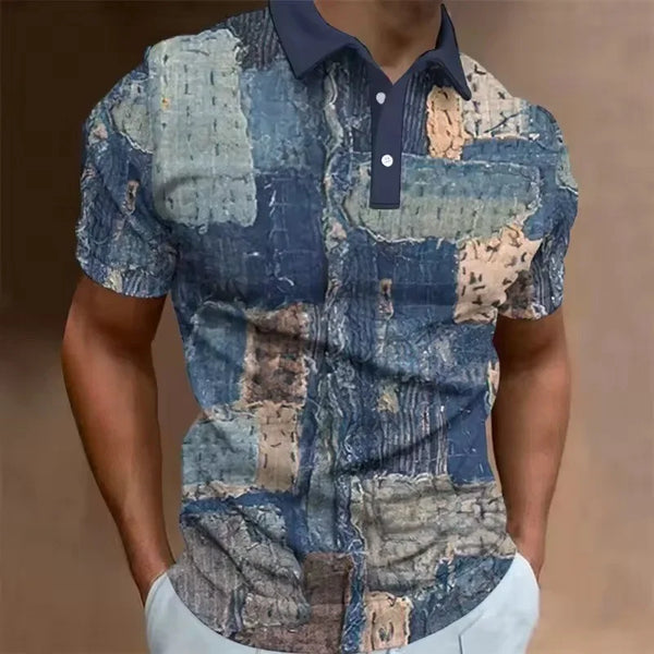 Men's 3D Printed Patchwork Polo Shirt with Retro Pattern, Summer Casual Collar Top