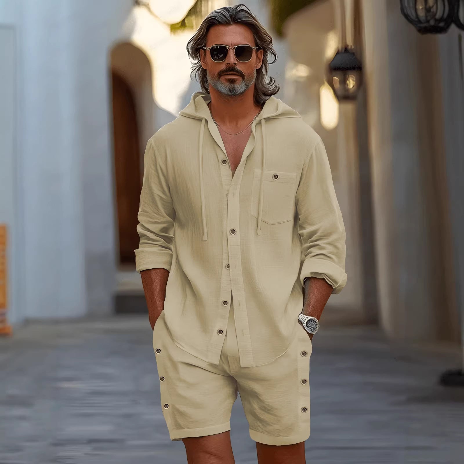 Mens Hooded Shirt Shorts Casual Set