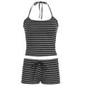 Lazy Contrasting Striped Halter Top Exposed Navel High Waisted Drawstring Shorts