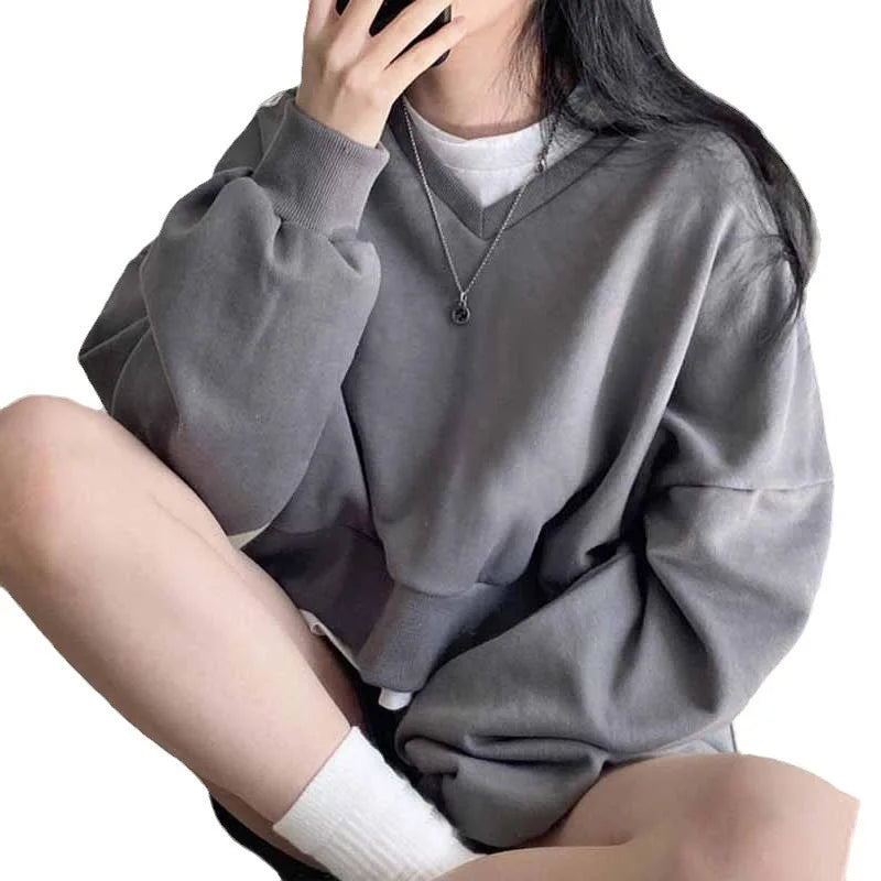 Korean Set Lazy V Neck Pullover Sweatshirt Set