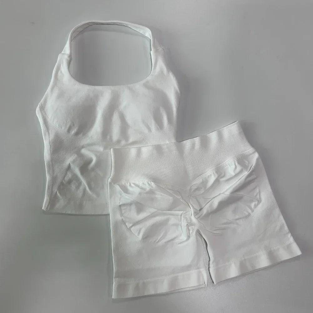 2 Pieces Sport Set Women Backless Tank Tops High Waist Scrunch Seamless Shorts Sport Suit Gym Set Sportswear Workout Set
