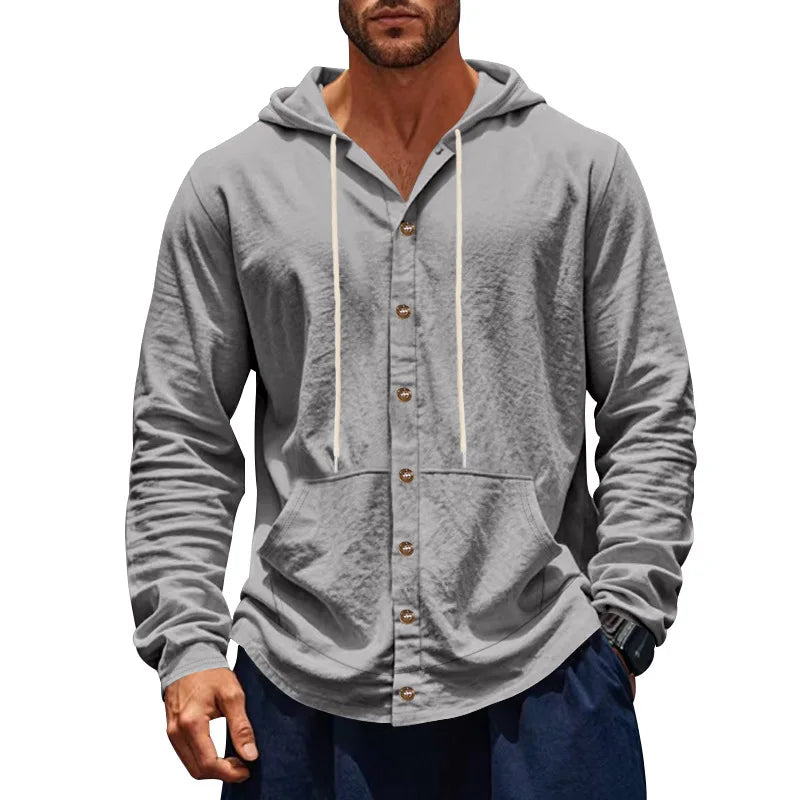 2026 Cross-border spring and autumn new American loose men's shirt loose linen casual simple beach hooded long-sleeved lining