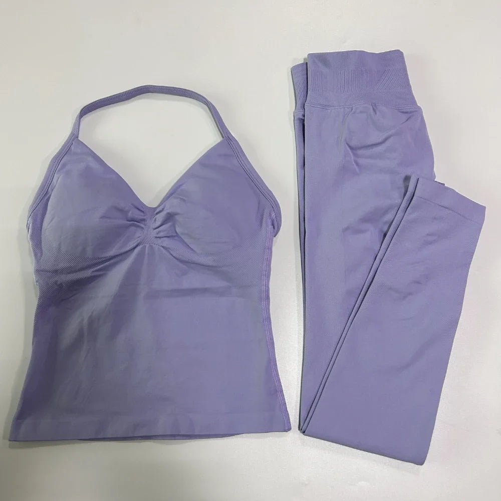 NO LOGO 2 Pieces Leggings Set Women Seamless Yoga Set Backless Tank Tops High Waist Scrunch Suit Fitness Scrunch Gym Sportswear