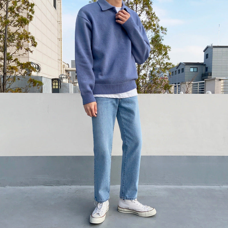 Men's Polo Collar Knit Sweater Loose Casual Sweater
