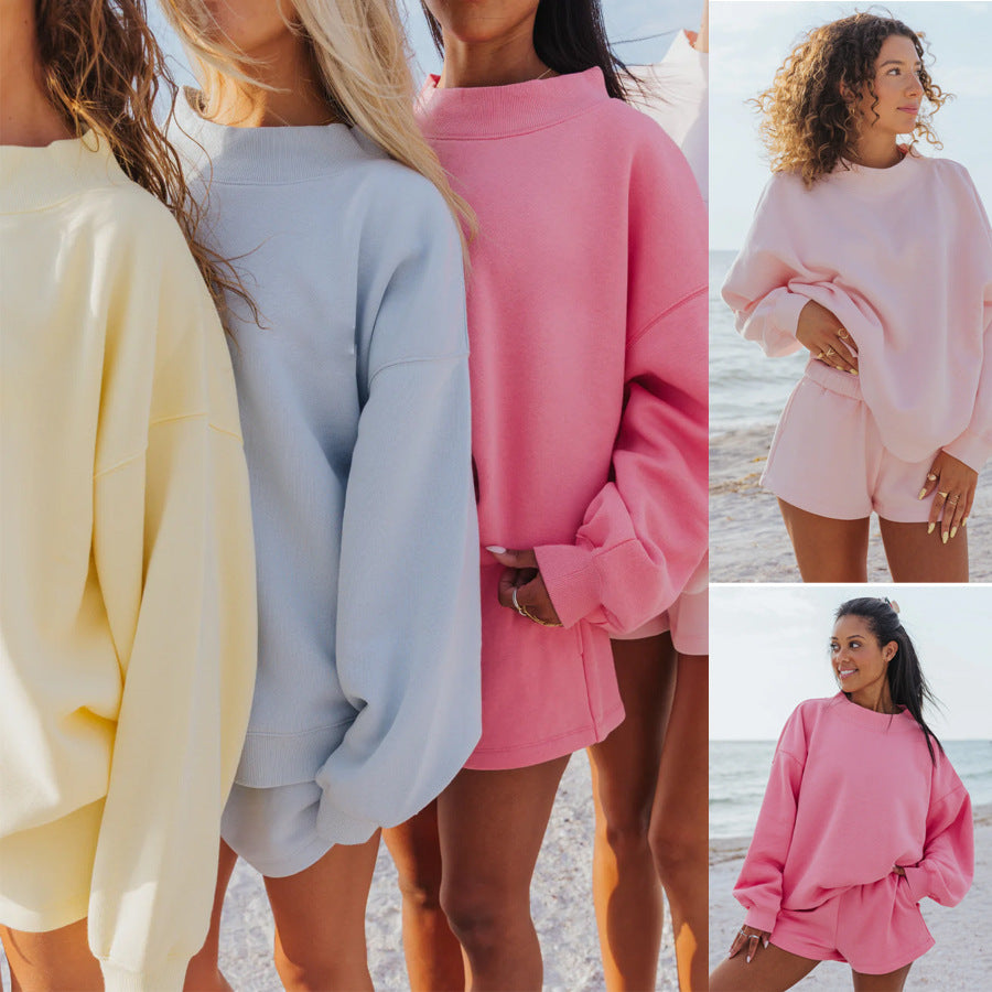 Round Neck Sweatshirt and Shorts Set