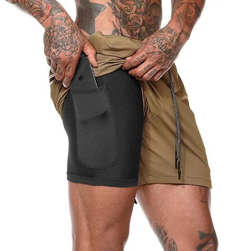 2 in 1 Compression Shorts for Men Gym Workout Running Shorts with Phone Pockets Athletic Quick Dry Activewear Training Jogging