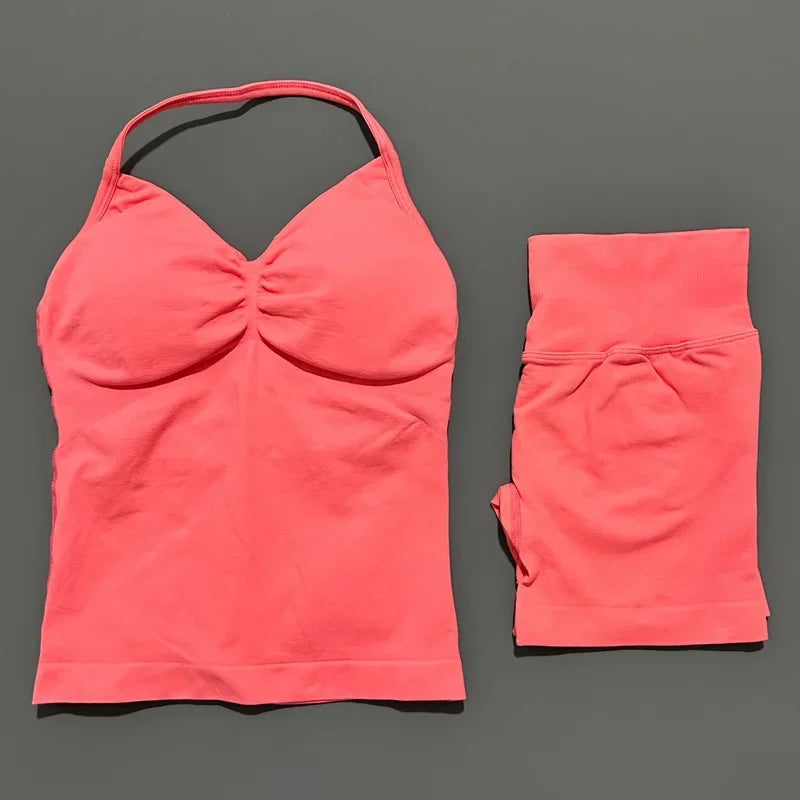 2 Piece Impact Sports Set Women Backless Halter Tops Fitness Tank Top High Waist Seamless High Stretch Shorts Gym Workout Sets