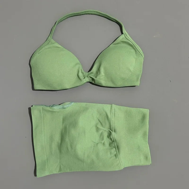 2 Piece Sports Set Women Strappy Yoga Bra Gym Workout Scrunch Shorts Sports Suit Fitness Clothes Seamless Yoga Set