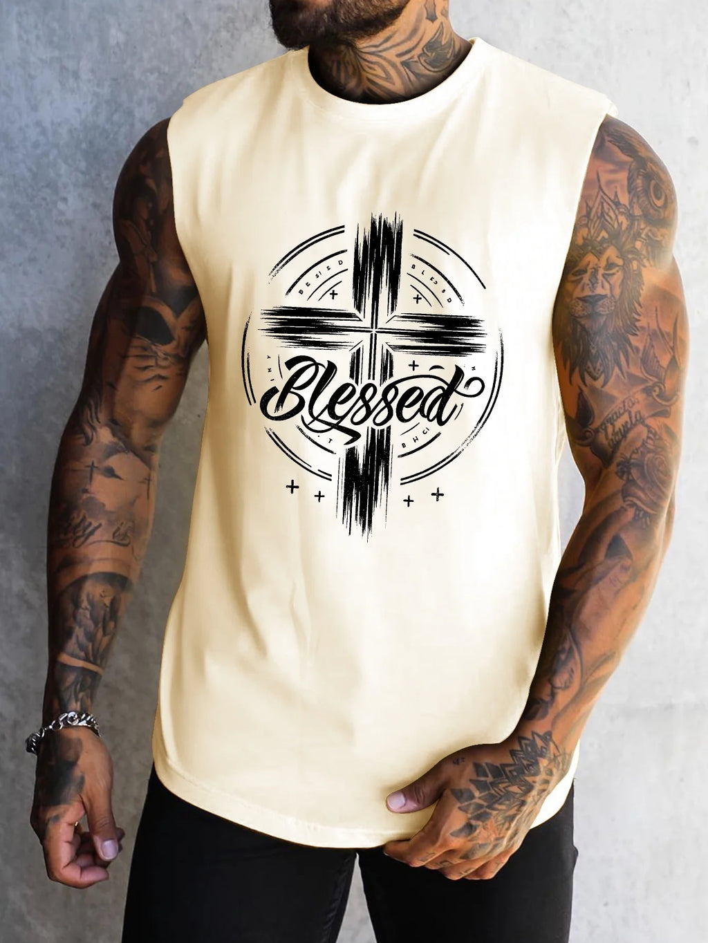Large-sized men's cross-patterned printed vest, fitness and sports sleeveless T-shirt