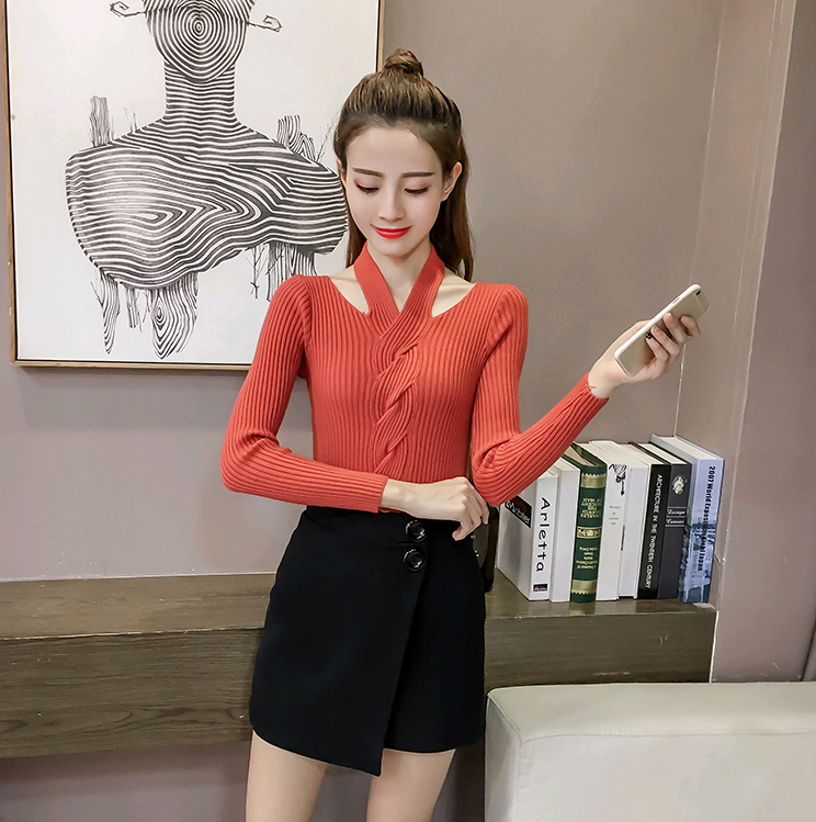 Women's Long Sleeve T-Shirt, Fashionable V-Neck Knit Top