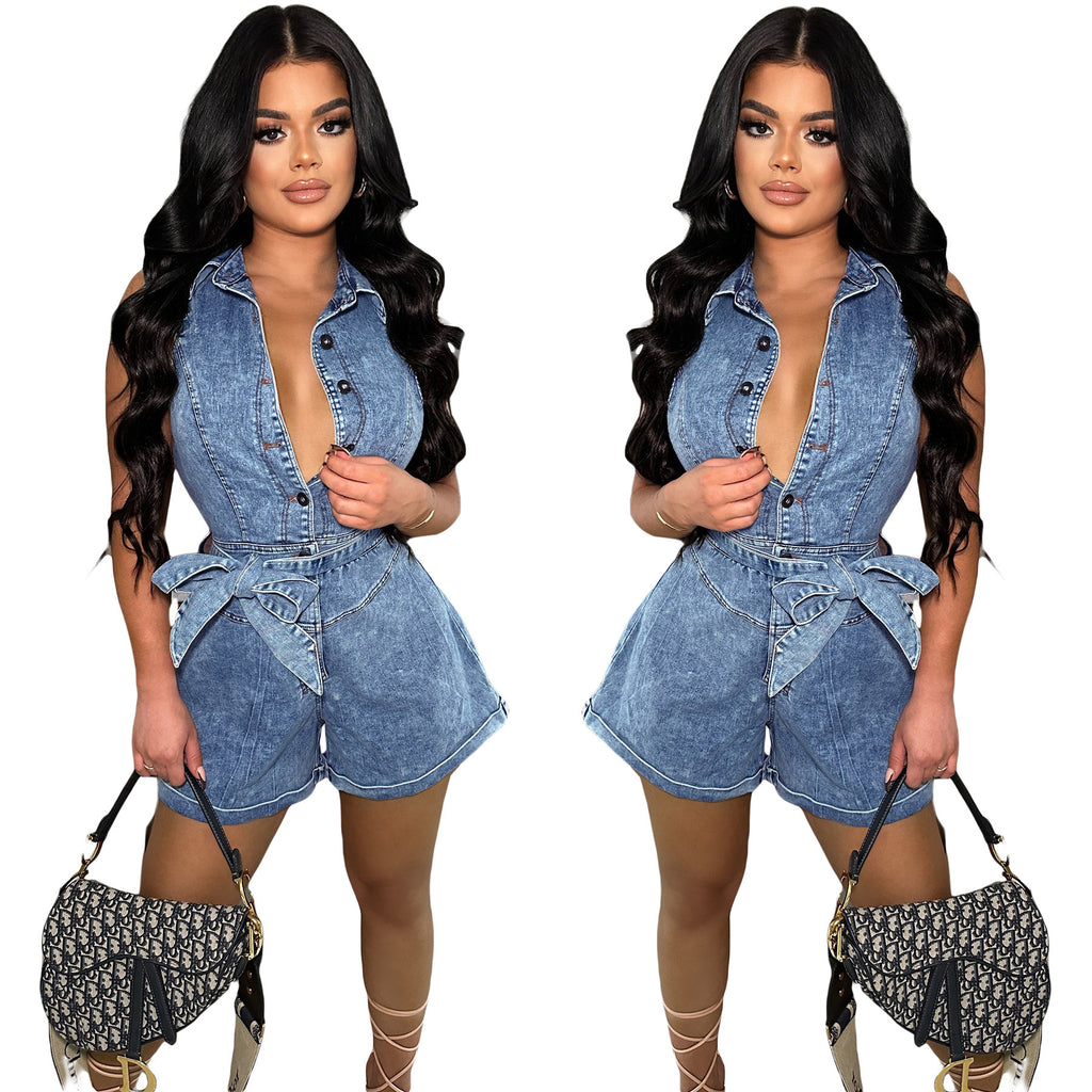 Sleeveless Denim Jumpsuit Shorts with Stretch Fit