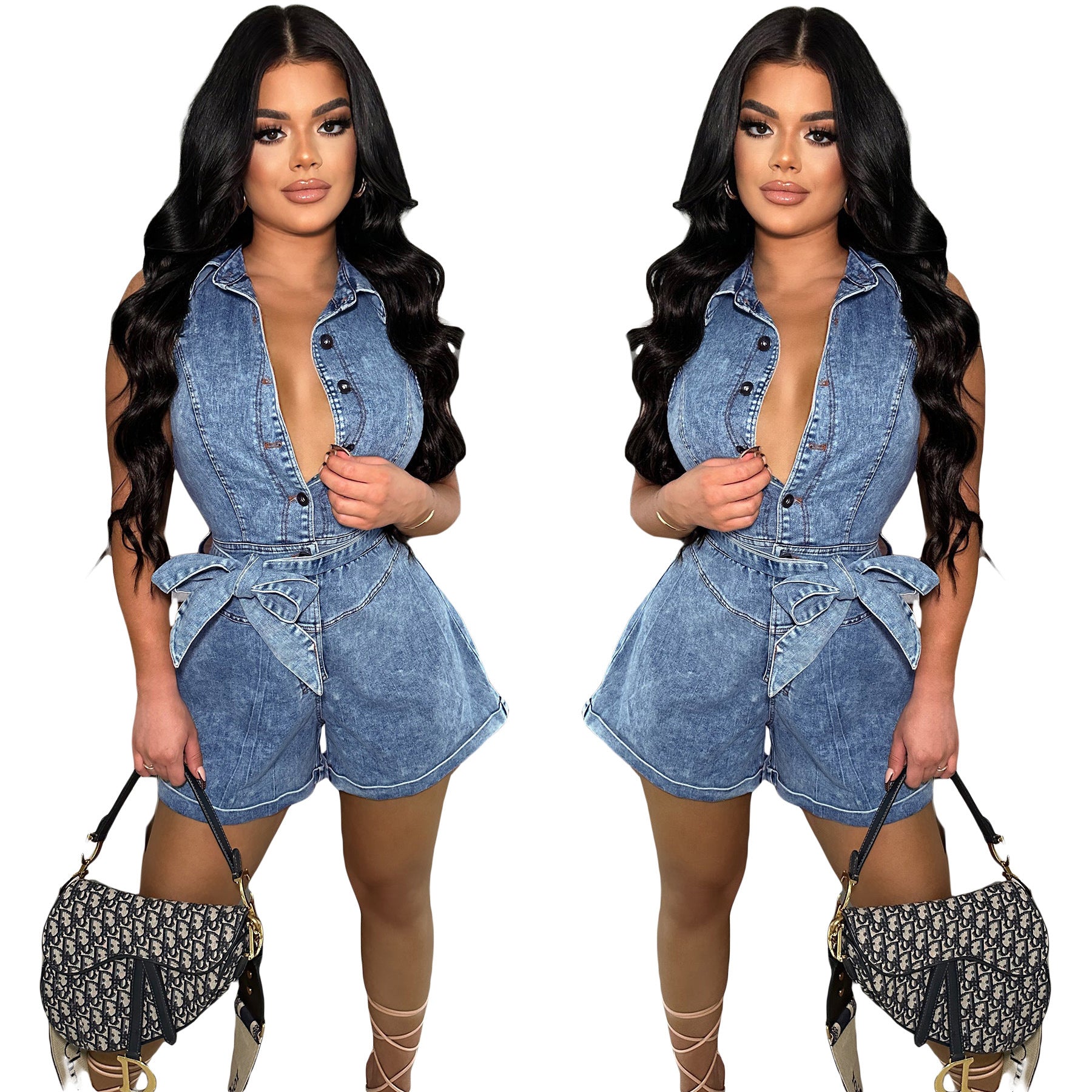 Sleeveless Denim Jumpsuit Shorts with Stretch Fit