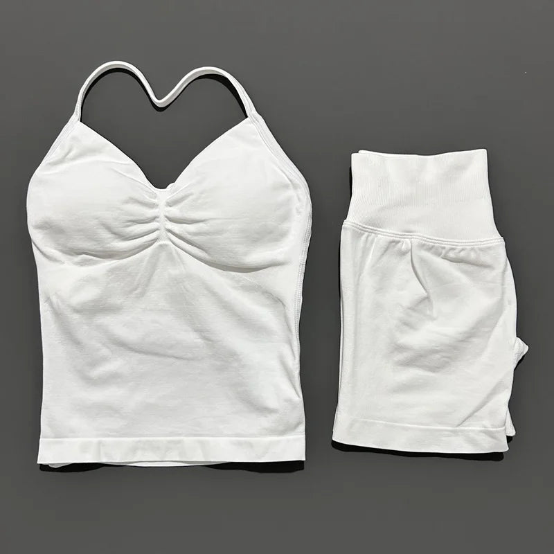 2 Piece Impact Sports Set Women Backless Halter Tops Fitness Tank Top High Waist Seamless High Stretch Shorts Gym Workout Sets