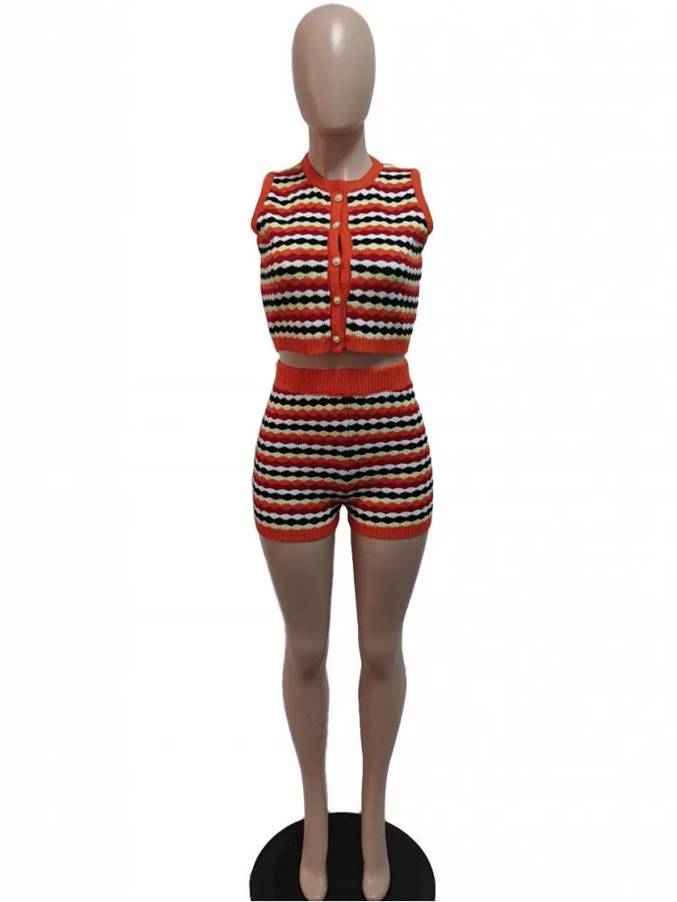 2 Piece Set Women Tracksuit Summer Casual Loose Top And Shorts Sweat Suits Striped Knitting Two Piece Matching Sets Outfit