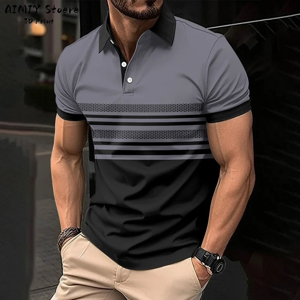 Men's Polo Shirt Striped Polo Shirt Casual Men's Top Short Sleeve Lapel Shirt White Base Gray Stripe Versatile Business Wear