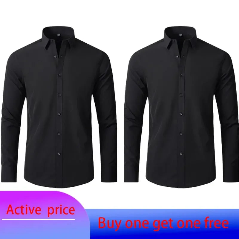 6xl New summer black men's shirt elastic force non-iron long-sleeved business casual shirt solid color mercerized vertical