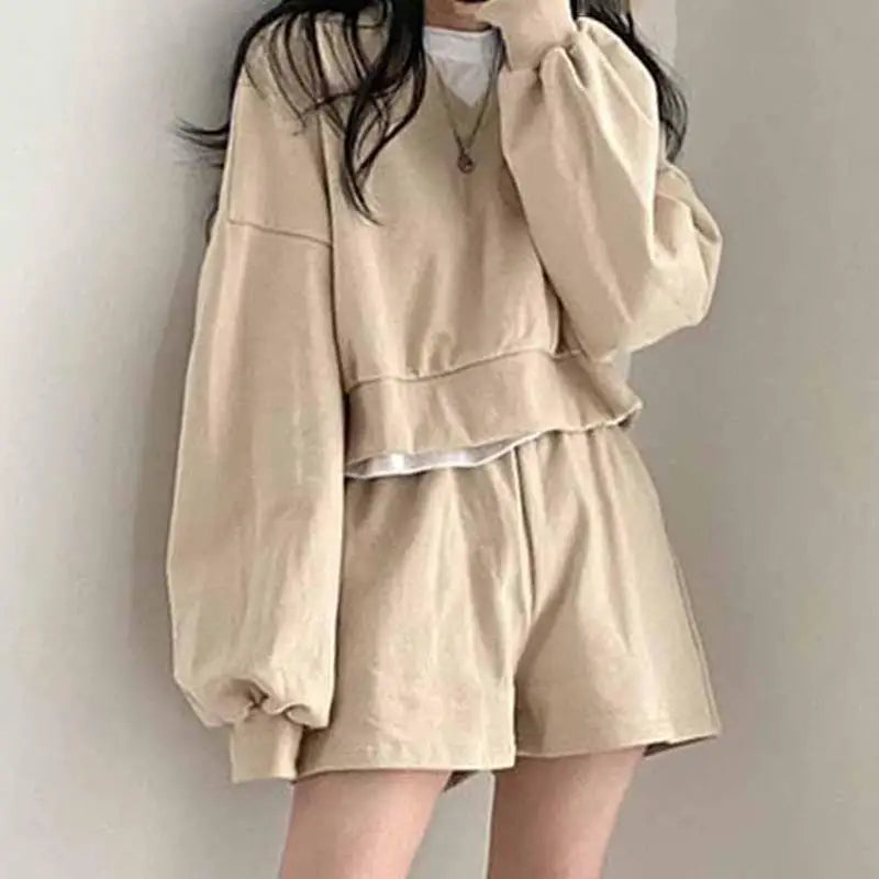 Korean Set Lazy V Neck Pullover Sweatshirt Set