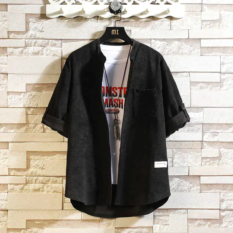 Casual Men's Loose Shirt with Pockets and Stand Collar