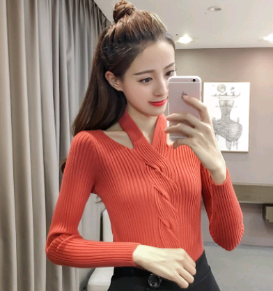 Women's Long Sleeve T-Shirt, Fashionable V-Neck Knit Top