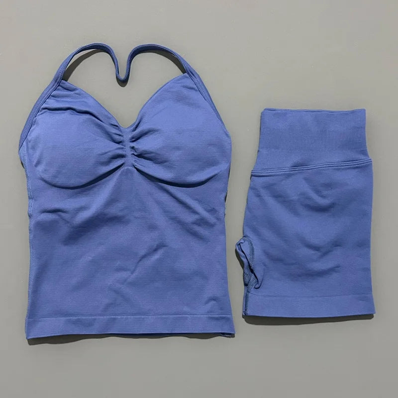 2 Piece Impact Sports Set Women Backless Halter Tops Fitness Tank Top High Waist Seamless High Stretch Shorts Gym Workout Sets