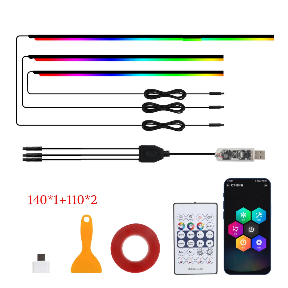 LED Skylight Car Sunroof Ambient Lights Symphony RGB Interior Acrylic Strip USB LED Decoration Atmosphere Lamp Dashboard 110cm