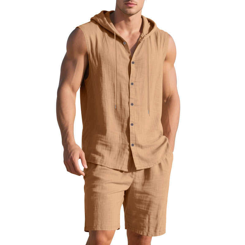 Men's Linen Hooded Vest and Shorts Set