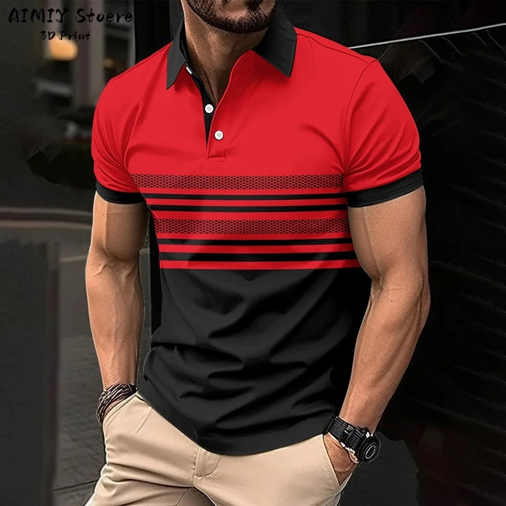 Men's Polo Shirt Striped Polo Shirt Casual Men's Top Short Sleeve Lapel Shirt White Base Gray Stripe Versatile Business Wear