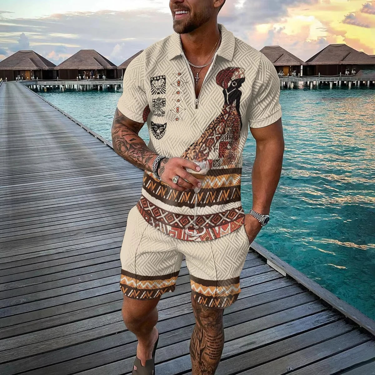 Summer 3D Print Men's Polo Shirt Set