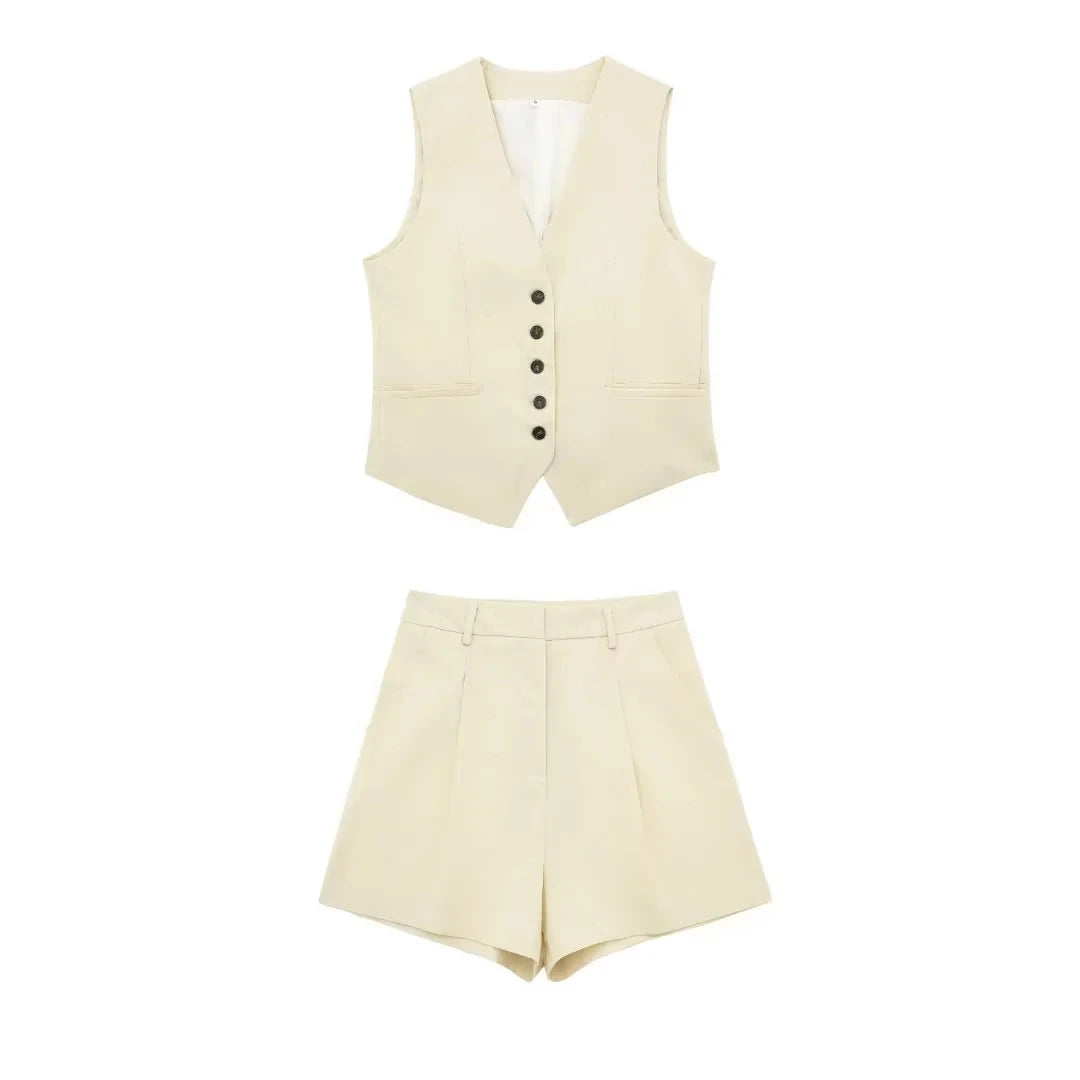 HH Fashion Vintage Sets For Women 2 Pieces Solid Linen V Neck Waistcoat Single Breasted Loose Vest Top Chic Casual Short Y2k