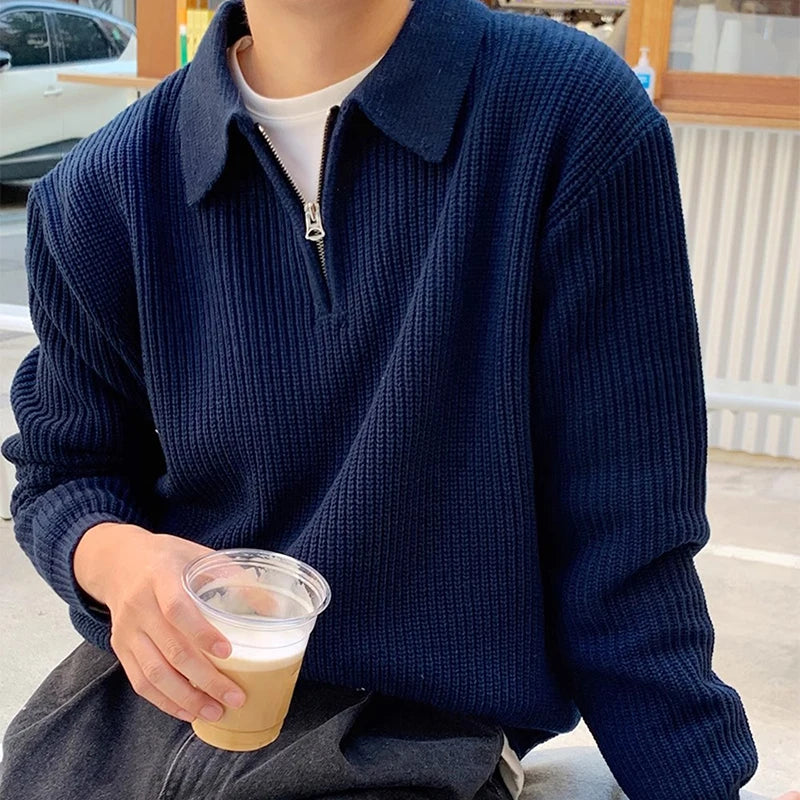 Vintage Zipper Lapel Knitted Polo Shirts