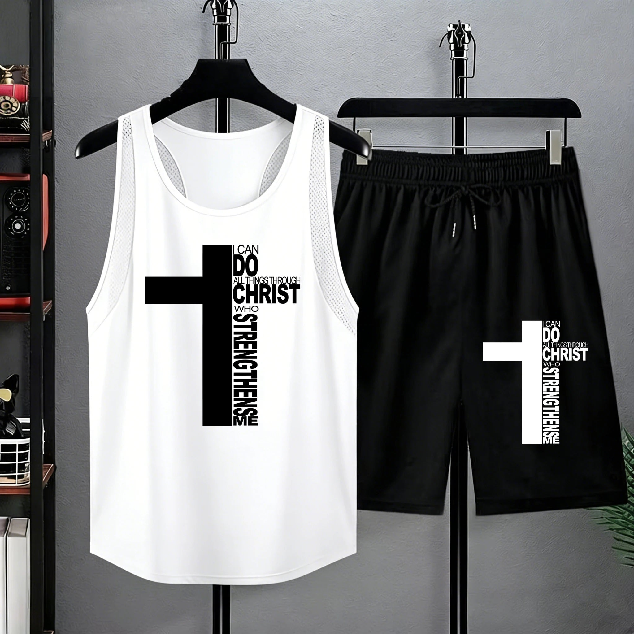 Christ Has Made Me Invincible Printed Summer Mens Comfy Tshirts Sets Running Casual Sportpants Mesh Daily Tank Top Beach Bottom