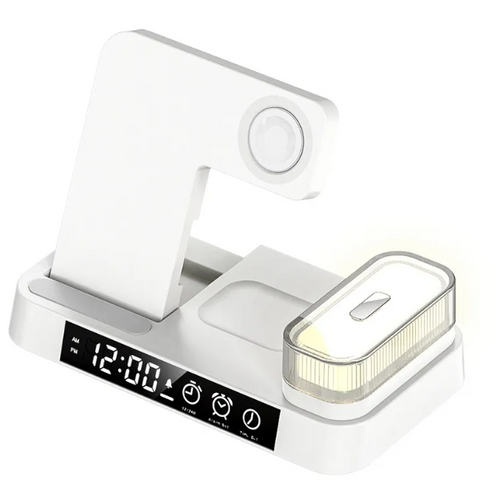 4-in-1 Multifunction Wireless Charging Station with Alarm Clock & RGB Night Light – Foldable Charger Stand for Phone, Watch & Earbuds