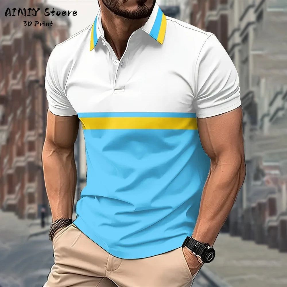 Men's Polo Shirt Striped Polo Shirt Casual Men's Top Short Sleeve Lapel Shirt White Base Gray Stripe Versatile Business Wear