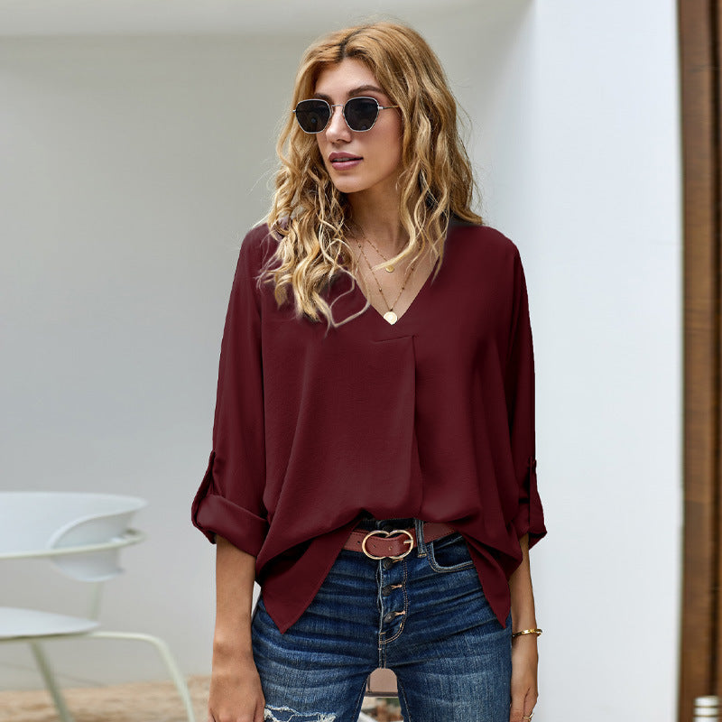 Casual Solid Color V-neck Long Sleeve Loose Shirt