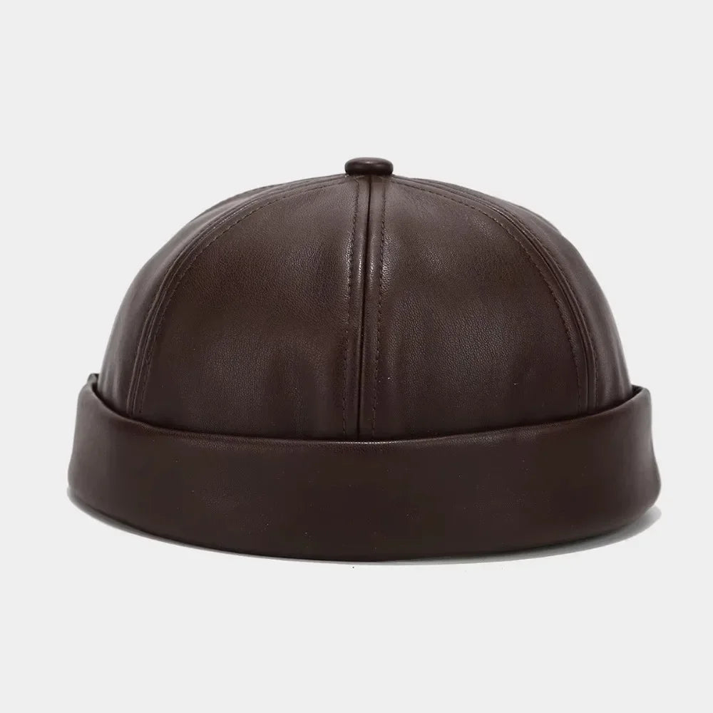Casual Retro Brimless Hat PU Leather Adjustable Melon Skin Caps Solid Color Docker Cap Autumn Winter